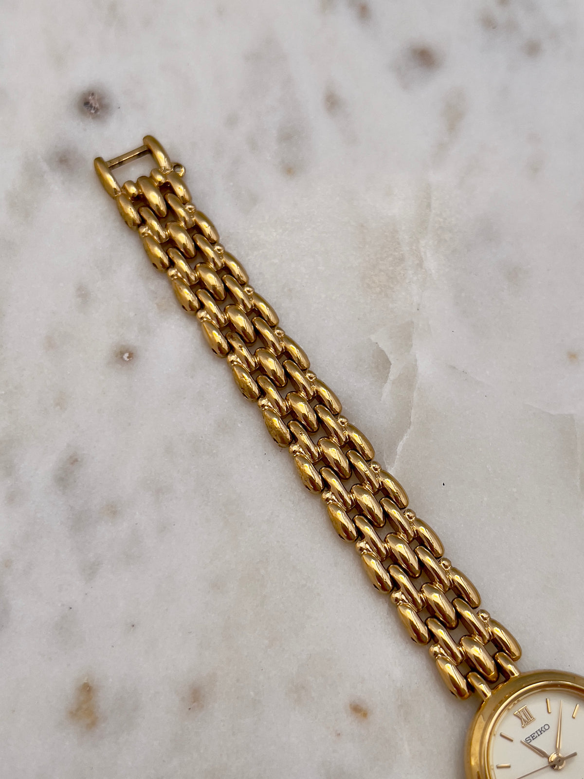Seiko Tisse Gold Toned Women's Watch, wrist shot of a vintage women's watch at Gilded Hour.
