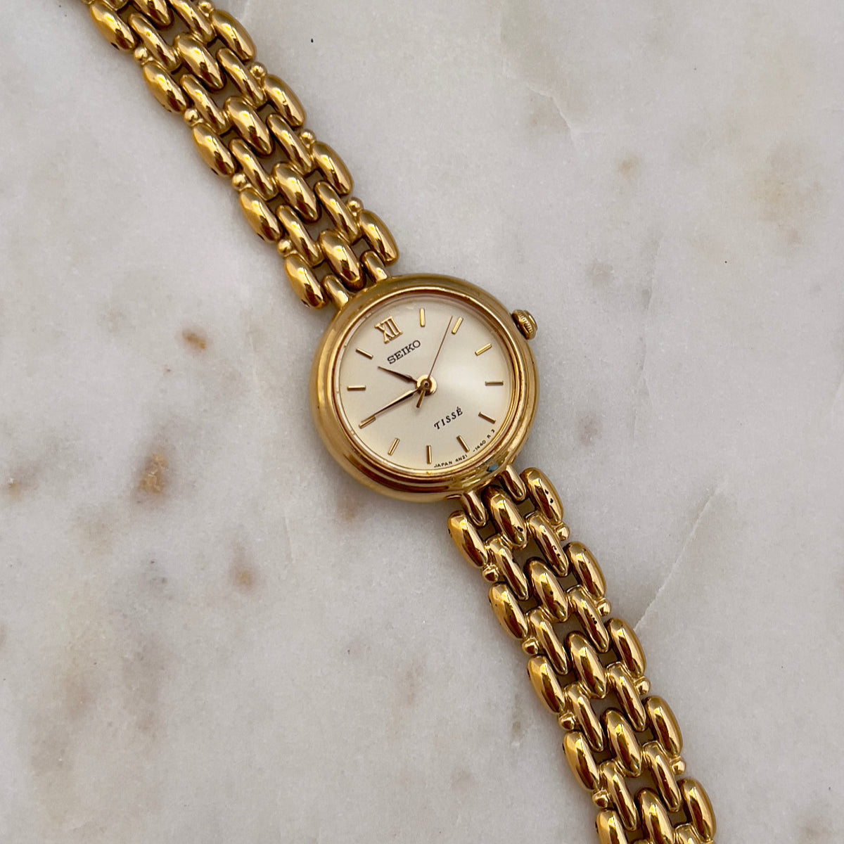 Seiko Tisse Gold Toned Women's Watch, wrist shot of a vintage women's watch at Gilded Hour.