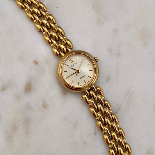 Seiko Tisse Gold Toned Women's Watch, wrist shot of a vintage women's watch at Gilded Hour.