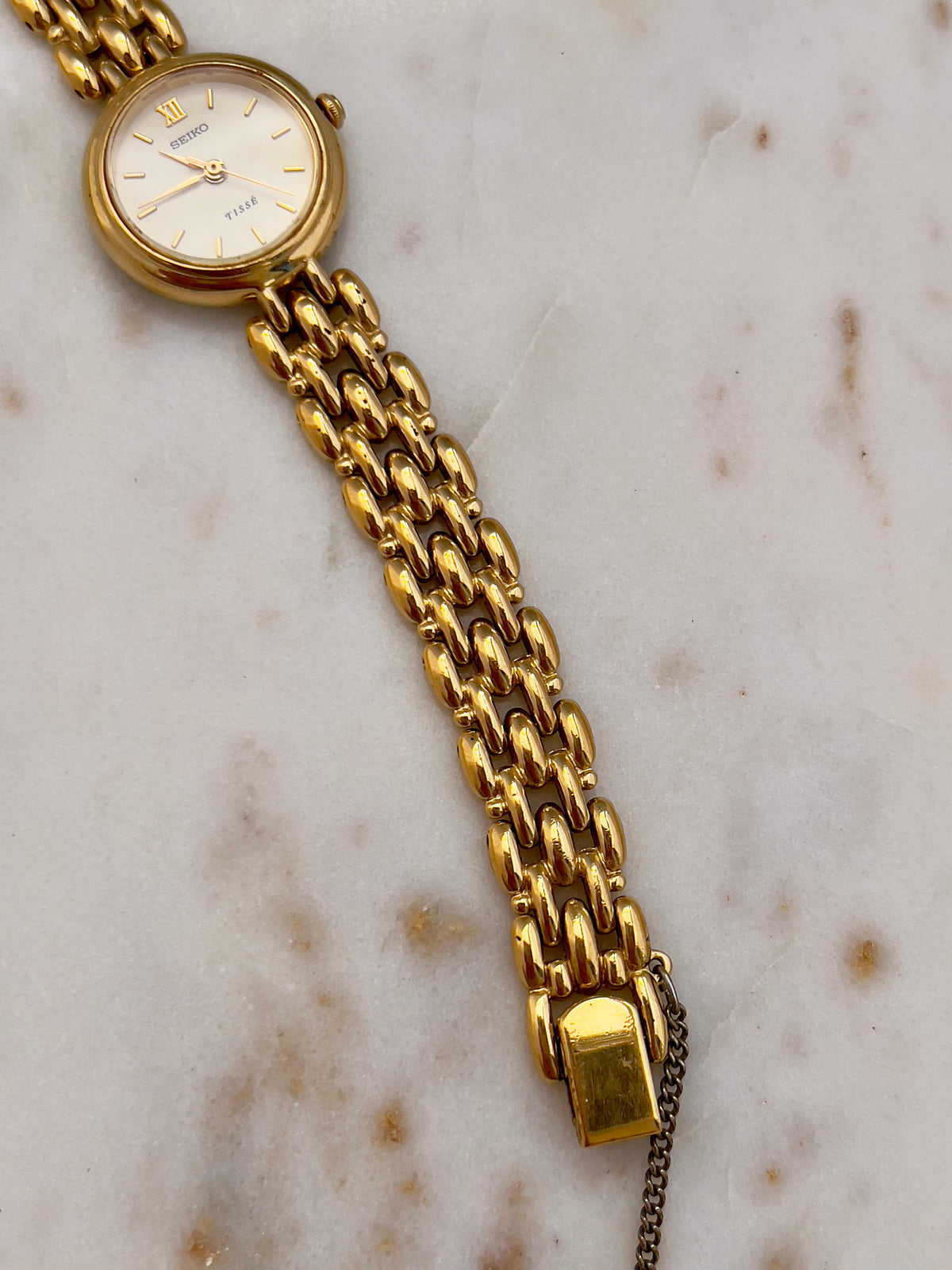 Seiko Tisse Gold Toned Women's Watch, bracelet detail of a vintage women's watch at Gilded Hour.
