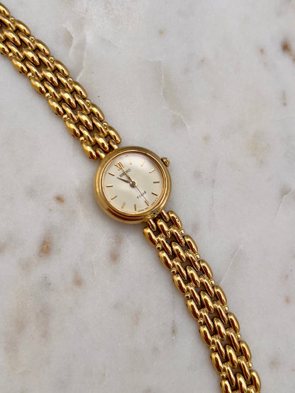 Seiko Tisse Gold Toned Women's Watch, caseback detail of a vintage women's watch at Gilded Hour.