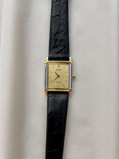 Seiko Exceline Tank Champagne Guilloché Dial Ladies Rectangular Watch, wrist shot of a vintage women's watch at Gilded Hour.