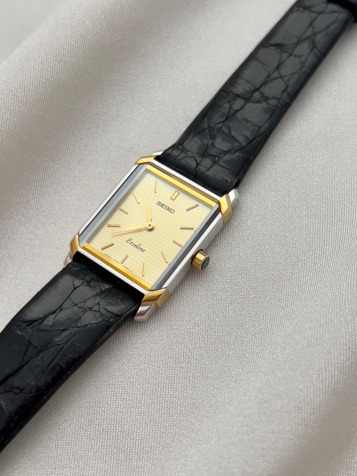 Seiko Exceline Tank Champagne Guilloché Dial Ladies Rectangular Watch, case profile of a vintage women's watch at Gilded Hour.