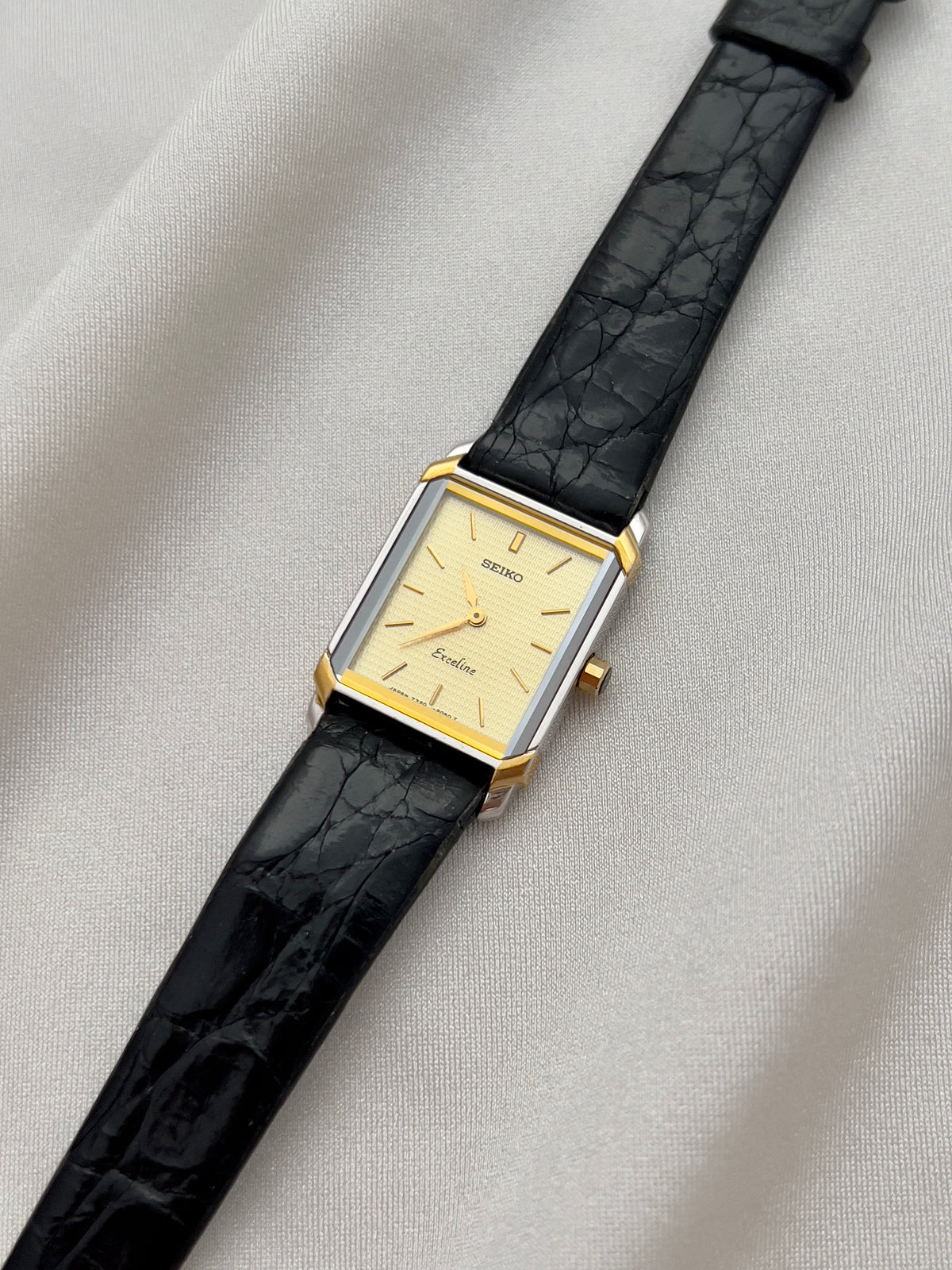 Seiko Exceline Tank Champagne Guilloché Dial Ladies Rectangular Watch, box set of a vintage women's watch at Gilded Hour.