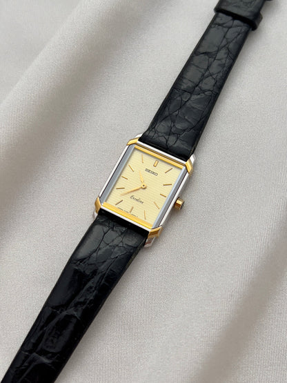 Seiko Exceline Tank Champagne Guilloché Dial Ladies Rectangular Watch, box set of a vintage women's watch at Gilded Hour.
