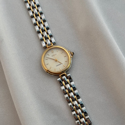 Seiko Exceline Two Tone Ladies’ Watch with Domed Crystal, dial close up of a vintage women's watch at Gilded Hour.