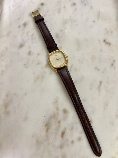 Seiko Gold Toned Cushion Case Woman's Watch, caseback detail of a vintage women's watch at Gilded Hour.