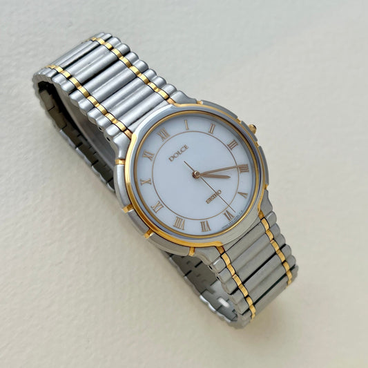 Seiko Dolce two-tone mother-of-pearl ladies watch, front.