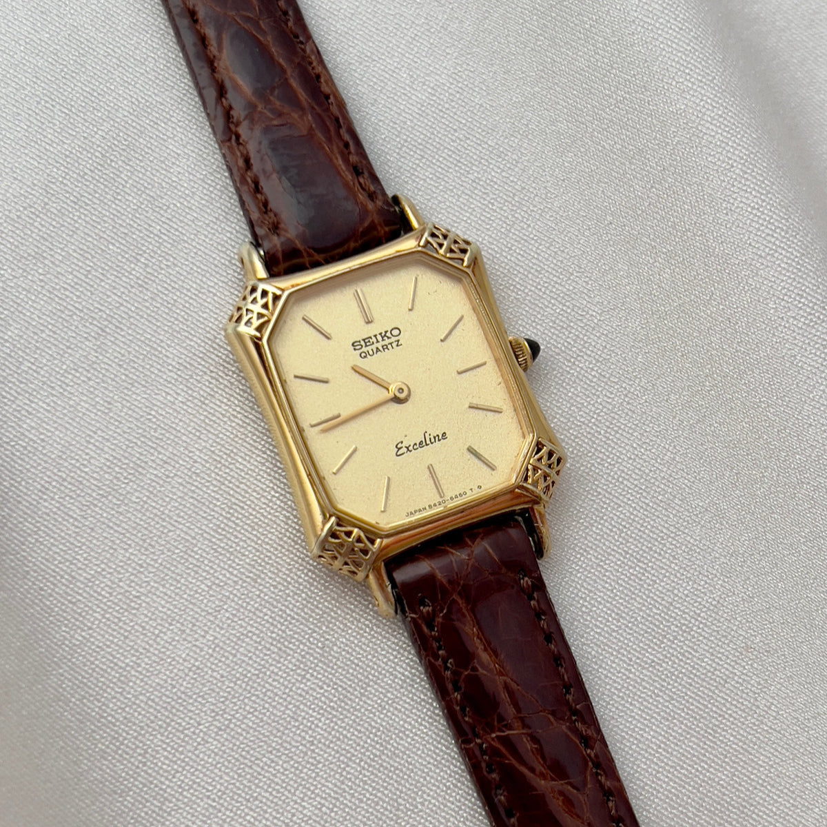 Seiko Exceline Gold Tank Ladies  Watch with Unique Ornate Case, dial close up of a vintage women's watch at Gilded Hour.