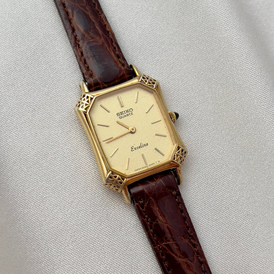 Seiko Exceline Gold Tank Ladies  Watch with Unique Ornate Case, dial close up of a vintage women's watch at Gilded Hour.