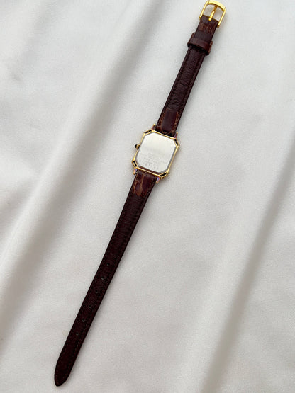 Seiko Exceline Gold Tank Ladies  Watch with Unique Ornate Case, angled view of a vintage women's watch at Gilded Hour.
