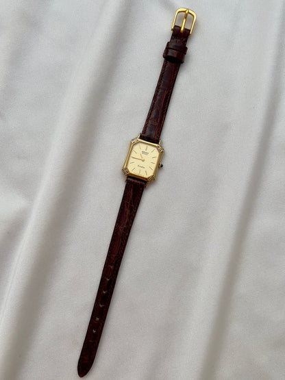 Seiko Exceline Gold Tank Ladies  Watch with Unique Ornate Case, case profile of a vintage women's watch at Gilded Hour.