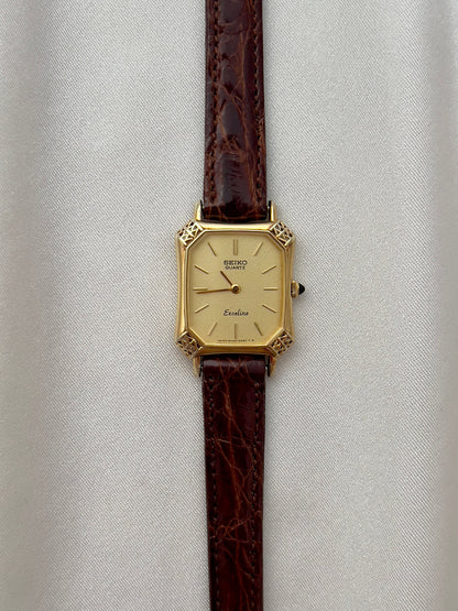 Seiko Exceline Gold Tank Ladies  Watch with Unique Ornate Case, caseback detail of a vintage women's watch at Gilded Hour.
