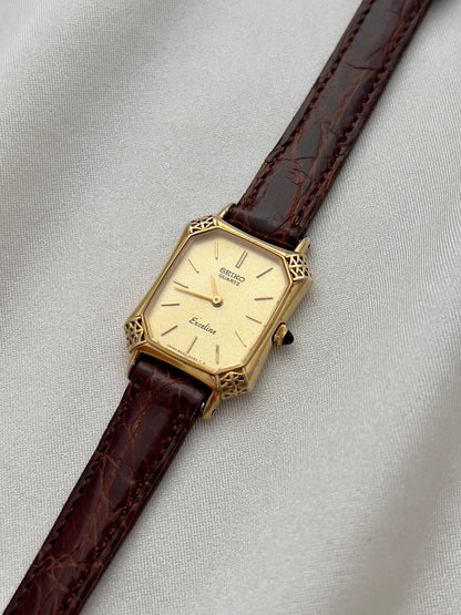 Seiko Exceline Gold Tank Ladies  Watch with Unique Ornate Case, box set of a vintage women's watch at Gilded Hour.
