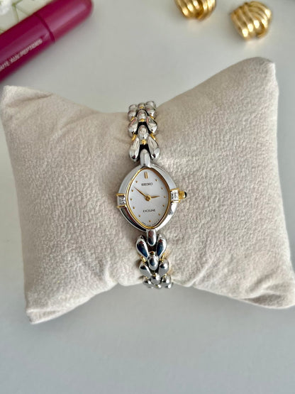 Seiko Exceline Diamond Mother of Pearl Women’s Watch, wrist shot of a vintage women's watch at Gilded Hour.