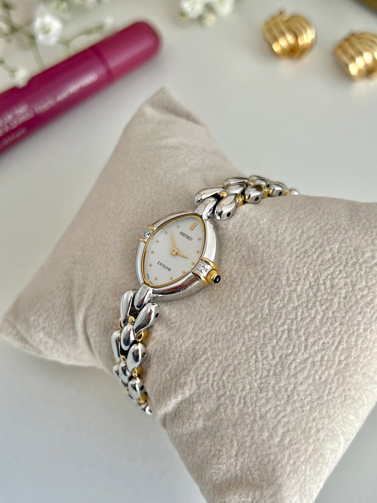 Seiko Exceline Diamond Mother of Pearl Women’s Watch, case profile of a vintage women's watch at Gilded Hour.