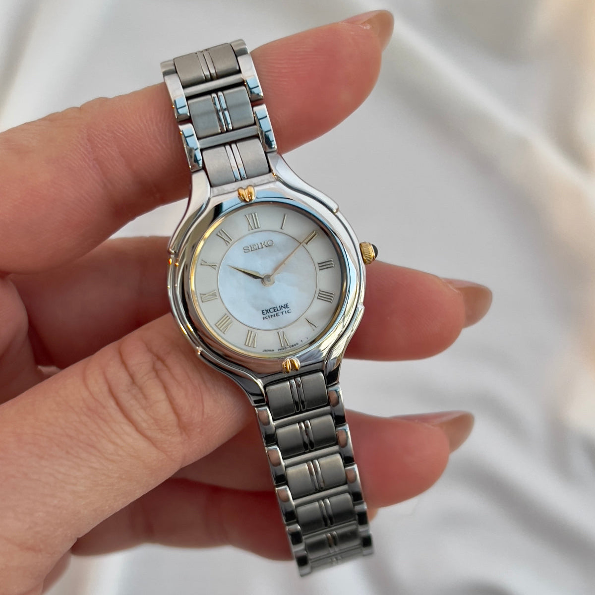 Seiko Exceline Kinetic Ladies’ Watch Mother of Pearl Dial, front view of a vintage women's watch at Gilded Hour.