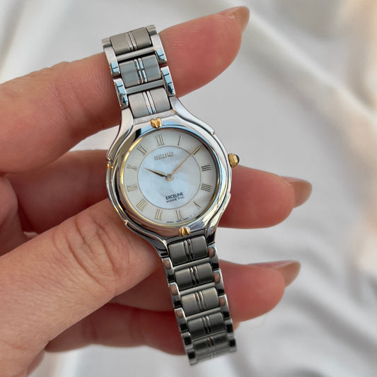 Seiko Exceline Kinetic Ladies’ Watch Mother of Pearl Dial, front view of a vintage women's watch at Gilded Hour.