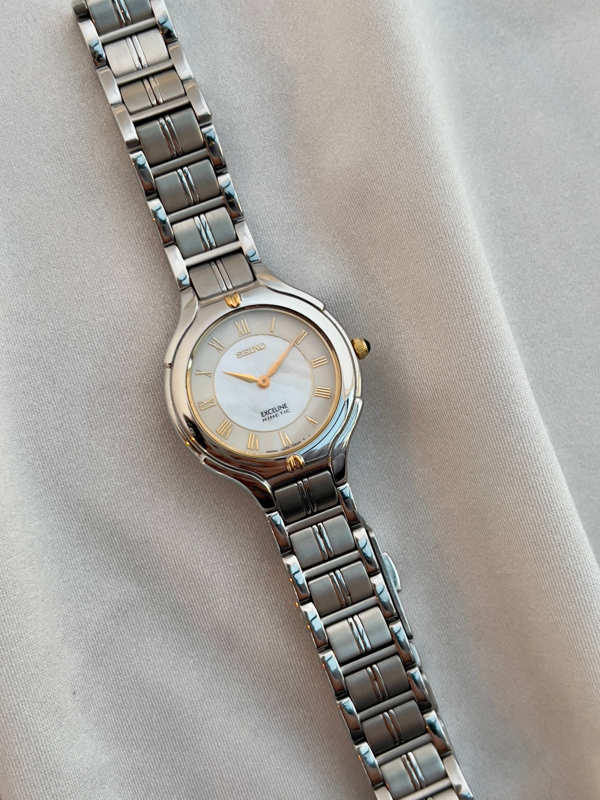 Seiko Exceline Kinetic Ladies’ Watch Mother of Pearl Dial, caseback detail of a vintage women's watch at Gilded Hour.