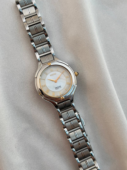 Seiko Exceline Kinetic Ladies’ Watch Mother of Pearl Dial, caseback detail of a vintage women's watch at Gilded Hour.