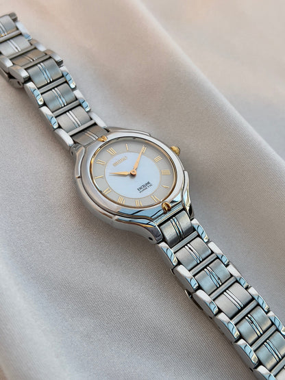 Seiko Exceline Kinetic Ladies’ Watch Mother of Pearl Dial, wrist shot of a vintage women's watch at Gilded Hour.