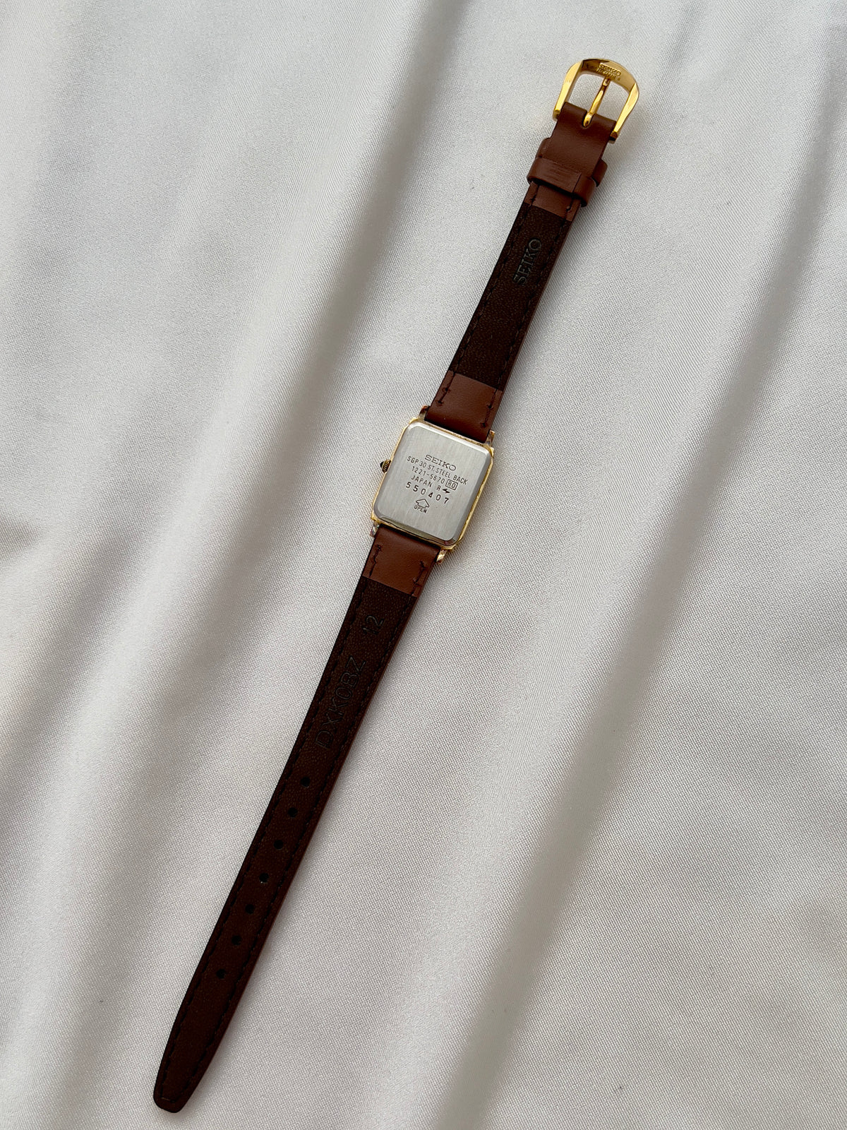 Seiko Exceline Ladies Gold Tank Watch, angled view of a vintage women's watch at Gilded Hour.