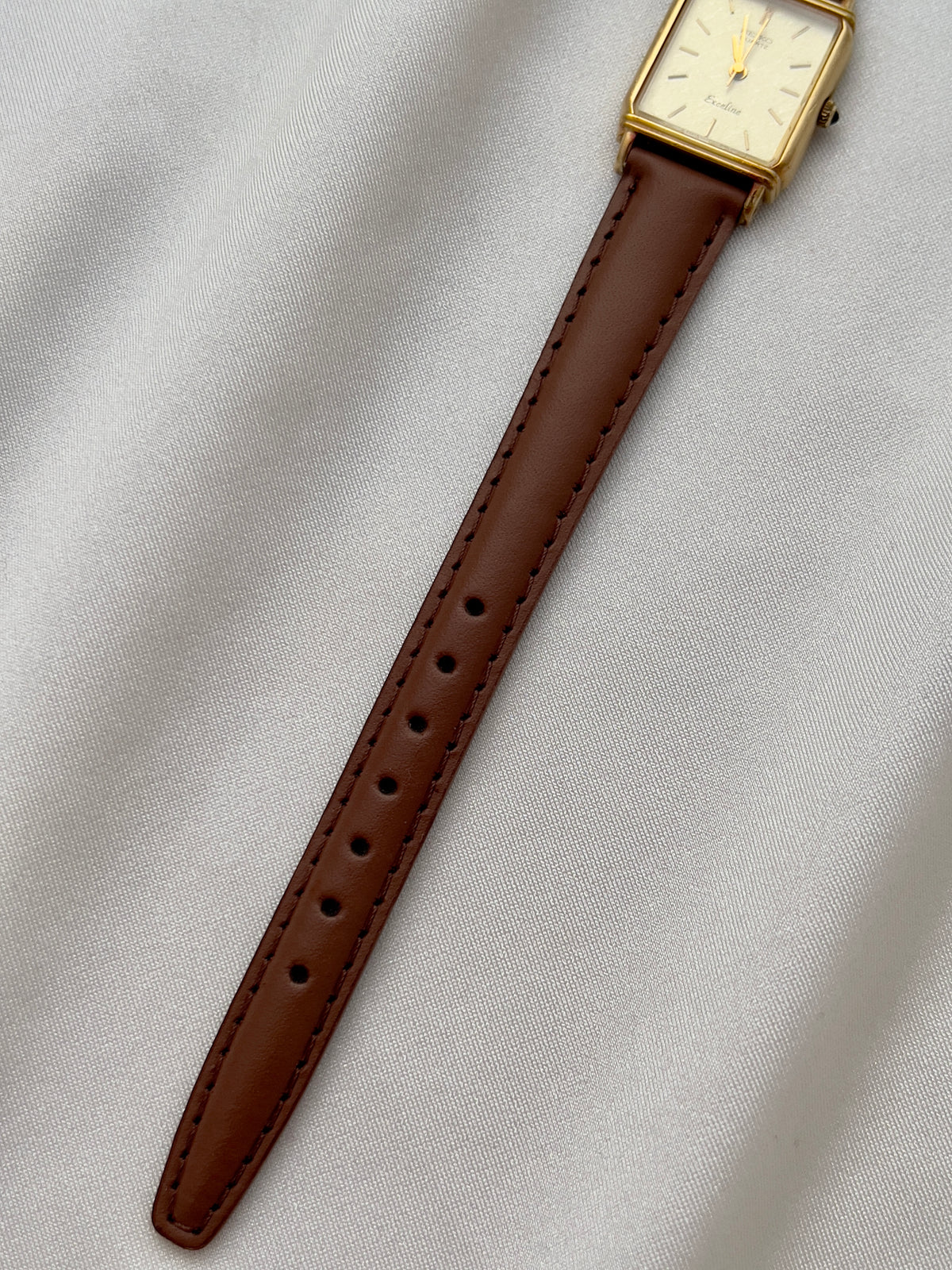 Seiko Exceline Ladies Gold Tank Watch, wrist shot of a vintage women's watch at Gilded Hour.