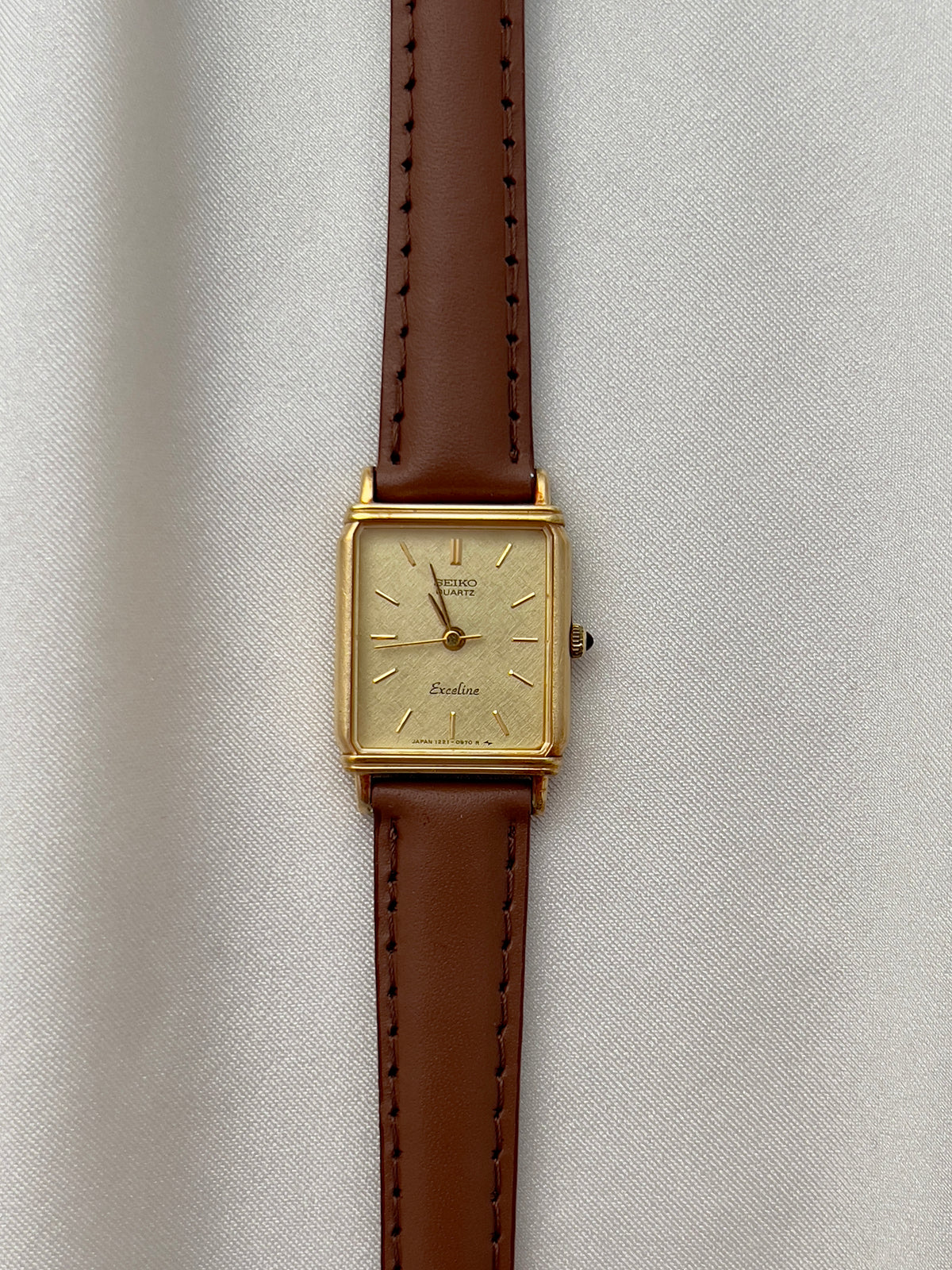 Seiko Exceline Ladies Gold Tank Watch, caseback detail of a vintage women's watch at Gilded Hour.