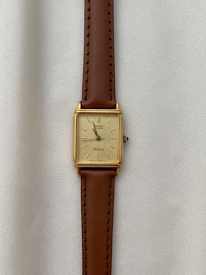 Seiko Exceline Ladies Gold Tank Watch, caseback detail of a vintage women's watch at Gilded Hour.