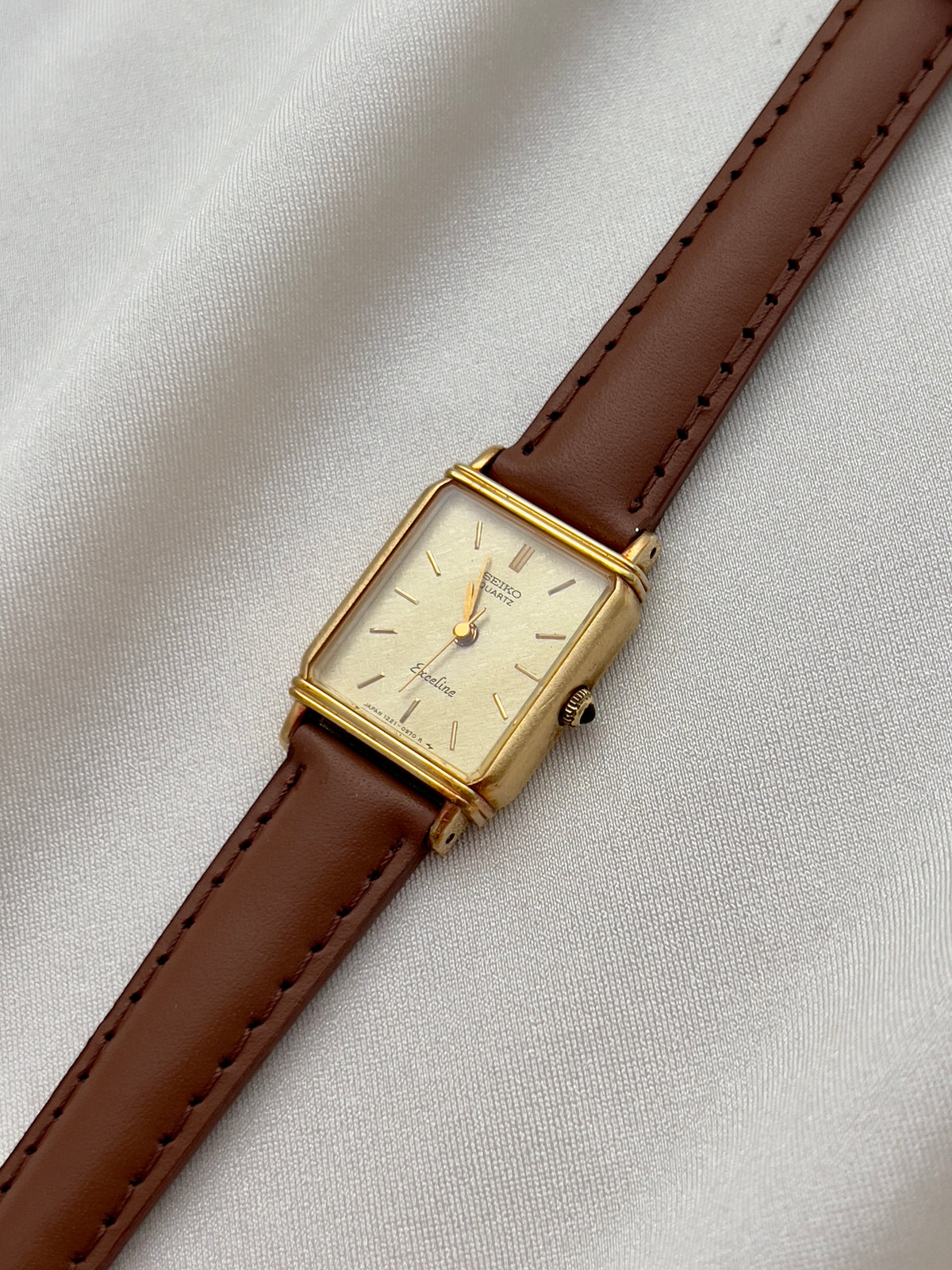 Seiko Exceline Ladies Gold Tank Watch, front view of a vintage women's watch at Gilded Hour.