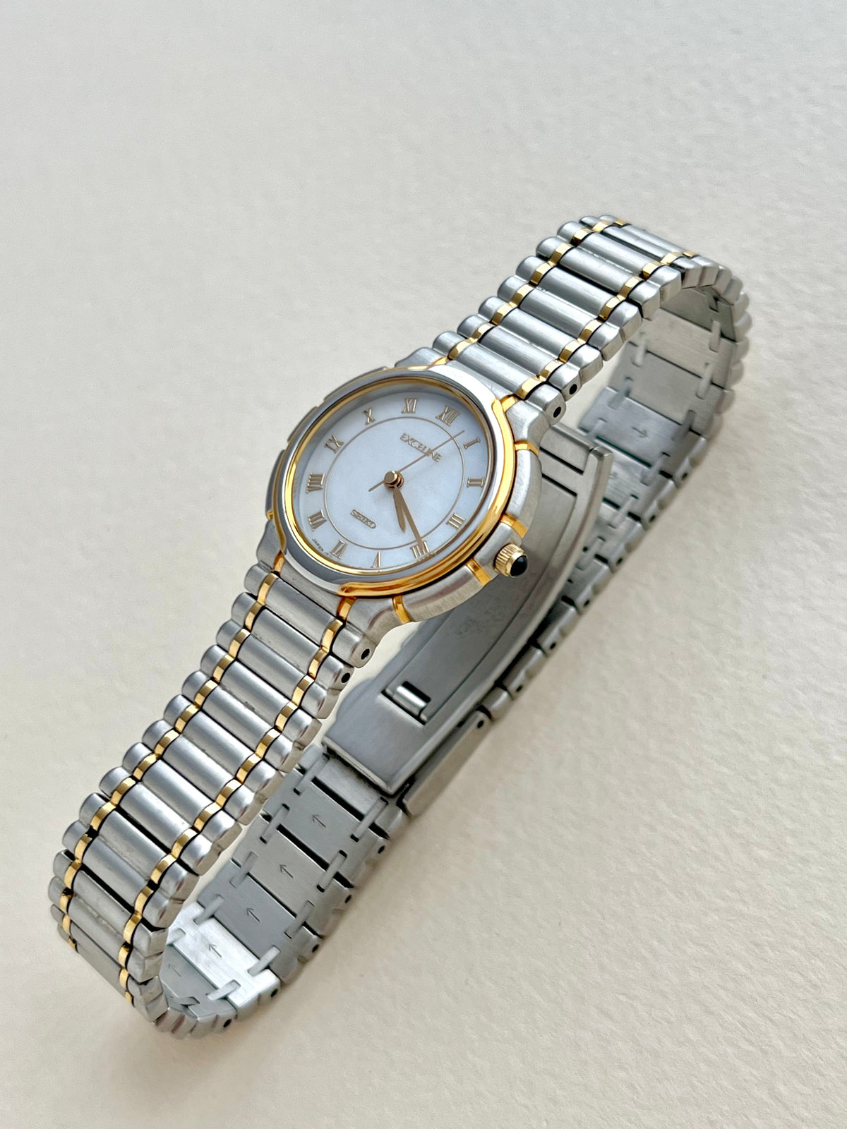 Seiko Exceline mother-of-pearl ladies watch, wrist.