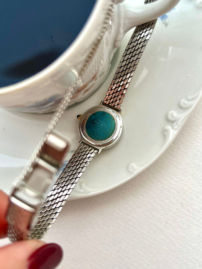Seiko Two Toned Snake Skin Pattern Bracelet Watch, bracelet detail of a vintage women's watch at Gilded Hour.
