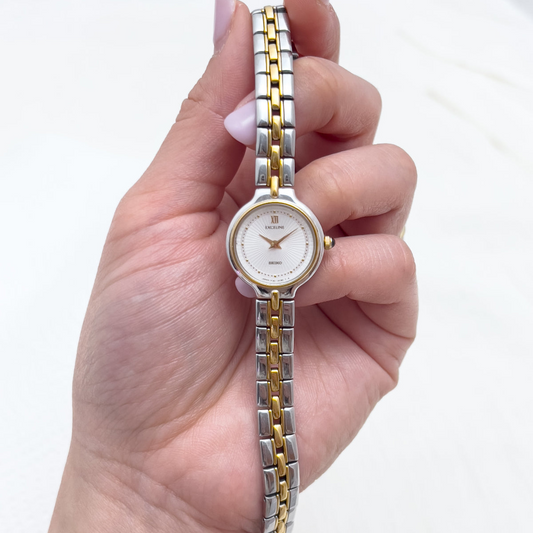 Seiko Exceline Woman's Watch with Sunburst Dial, front view of a vintage women's watch at Gilded Hour.