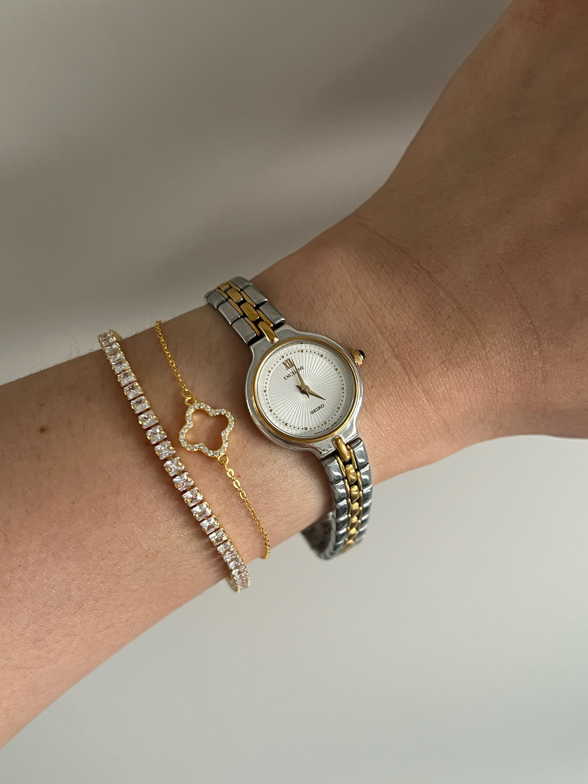Seiko Exceline Woman's Watch with Sunburst Dial, angled view of a vintage women's watch at Gilded Hour.
