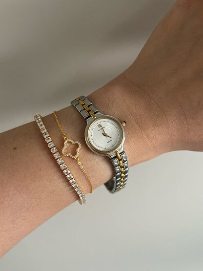 Seiko Exceline Woman's Watch with Sunburst Dial, angled view of a vintage women's watch at Gilded Hour.