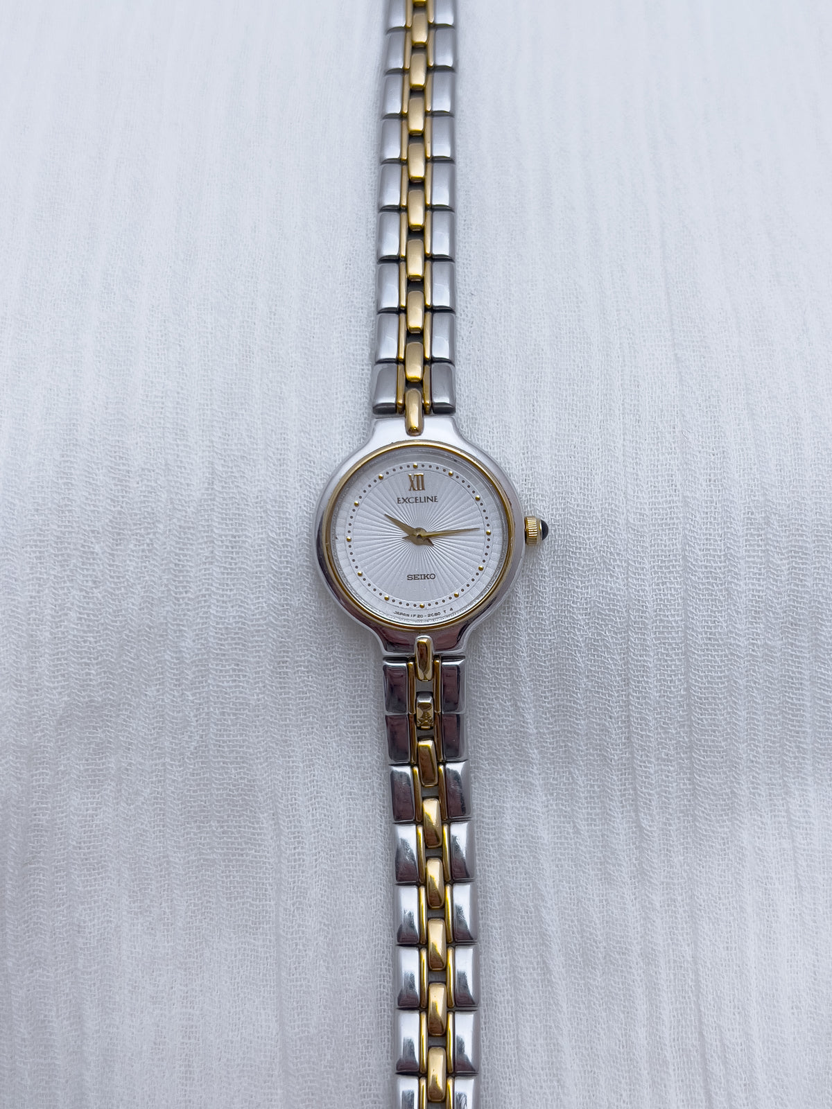 Seiko Exceline Woman's Watch with Sunburst Dial, wrist shot of a vintage women's watch at Gilded Hour.