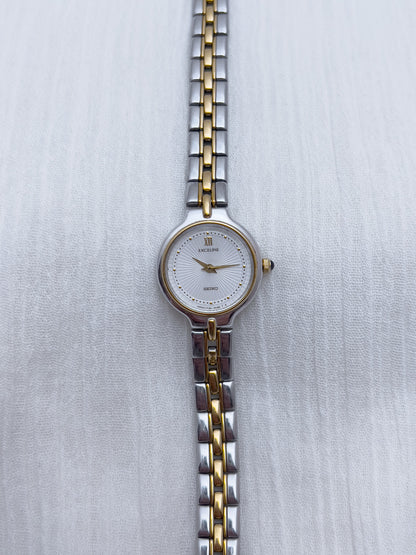 Seiko Exceline Woman's Watch with Sunburst Dial, wrist shot of a vintage women's watch at Gilded Hour.