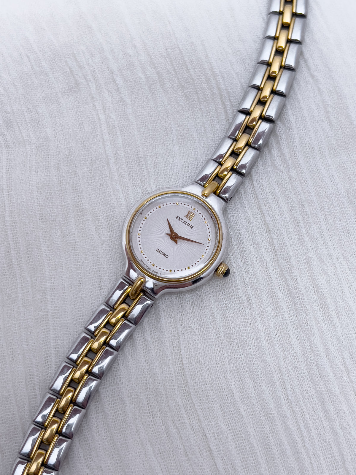Seiko Exceline Woman's Watch with Sunburst Dial, caseback detail of a vintage women's watch at Gilded Hour.