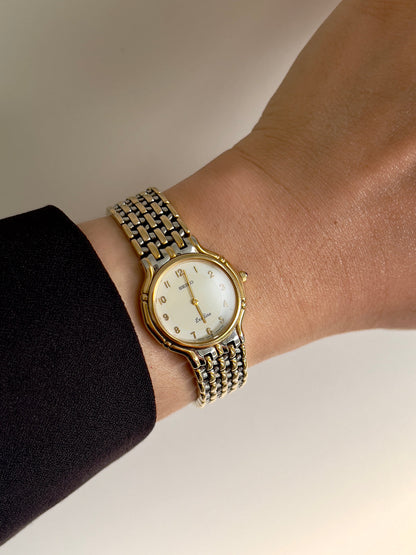 Close-up of the Seiko Exceline champagne guilloché dial and applied numerals.