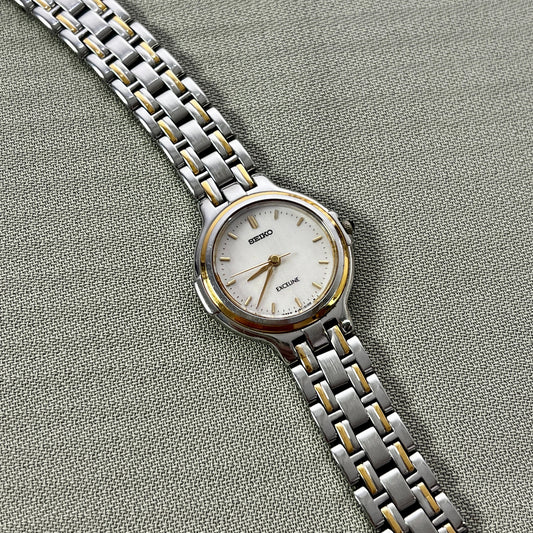 Seiko Exceline Watch Two Tone Women's Watch featuring white dial and steel bracelet; vintage watch product image 1.
