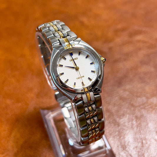 Seiko Exceline Woman's Watch with Patterned Dial — watch face and case shown from the front.