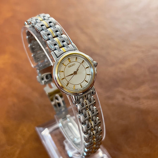 Seiko Two Tone Woman's Watch, wrist shot of a vintage women's watch at Gilded Hour.