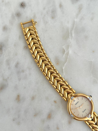 Seiko Exceline Woman's Watch with Diamonds and Sculpted Pattern Bracelet, wrist shot of a vintage women's watch at Gilded Hour.
