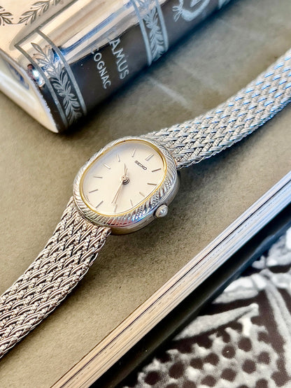 Seiko Oval Woman's Watch with a Rope Bezel & Textured Dial, case profile of a vintage women's watch at Gilded Hour.