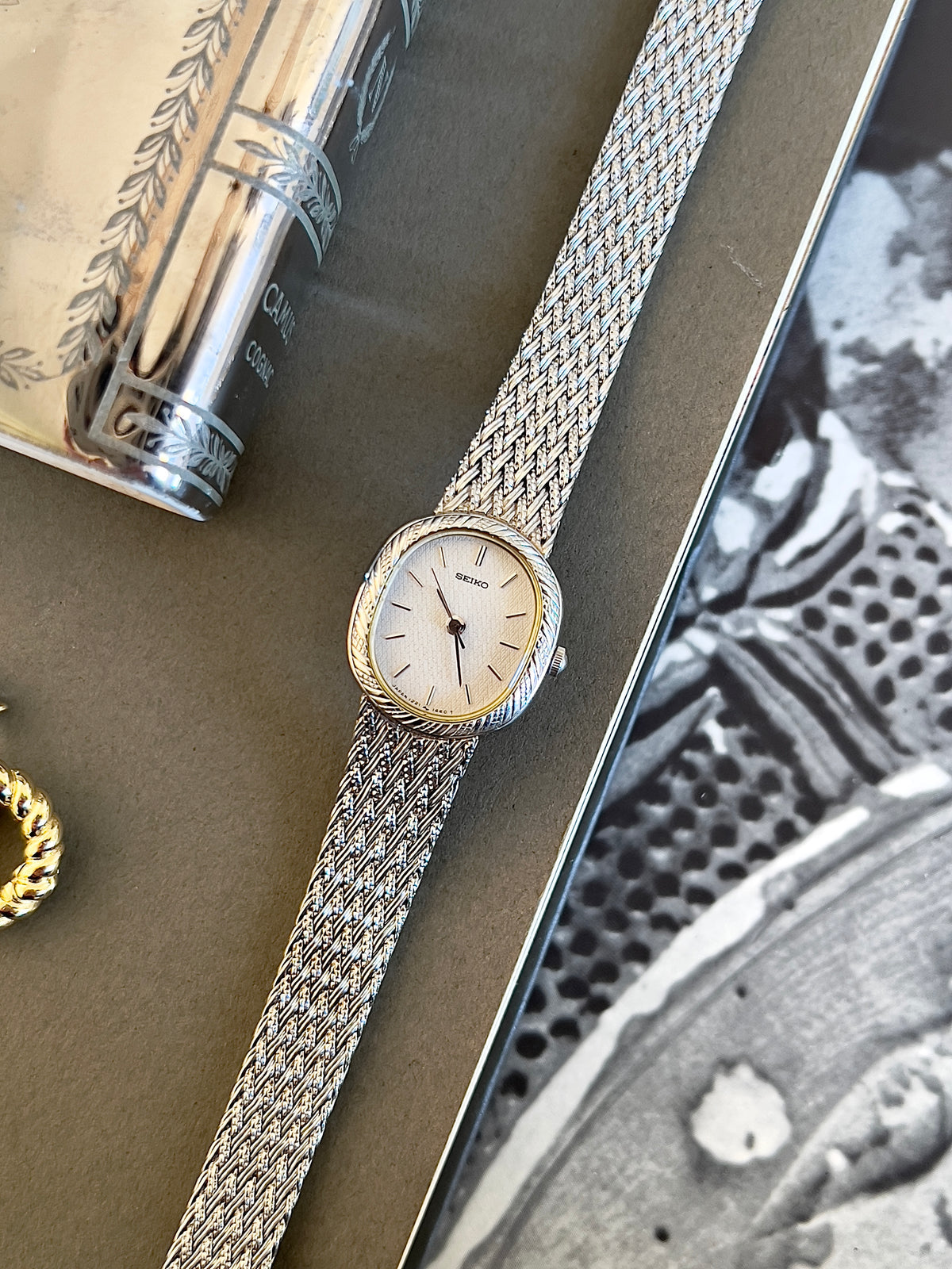 Seiko Oval Woman's Watch with a Rope Bezel & Textured Dial, caseback detail of a vintage women's watch at Gilded Hour.
