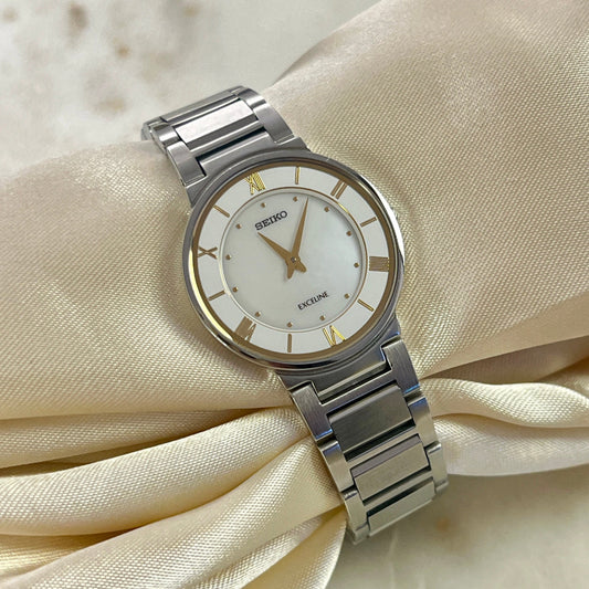 Seiko Mother of Pearl Dial Woman's Watch, front view of a vintage women's watch at Gilded Hour.