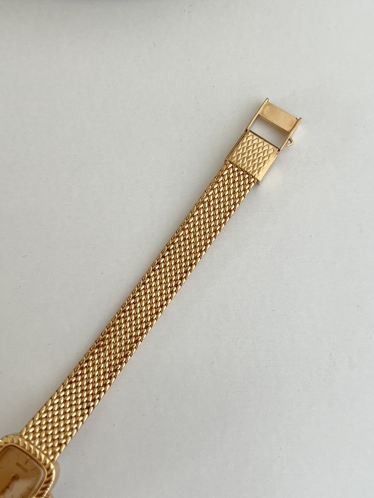 Seiko Gold Cushion Tatami Bracelet Women’s Watch — Close view of the folding clasp and bracelet texture