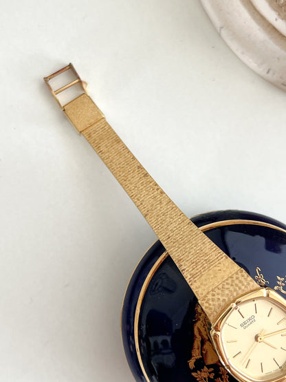 Seiko Gold Cushion Tatami Bracelet Women’s Watch — Clasp and bracelet beside the dial