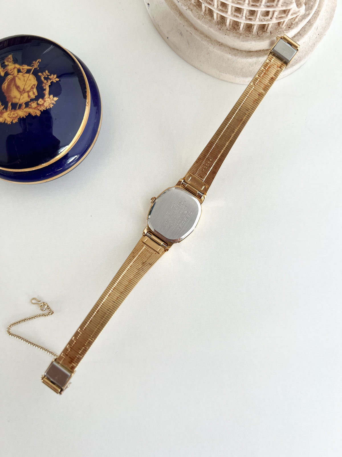 Seiko Gold Cushion Tatami Bracelet Women’s Watch — Rear view showing the caseback and open clasp