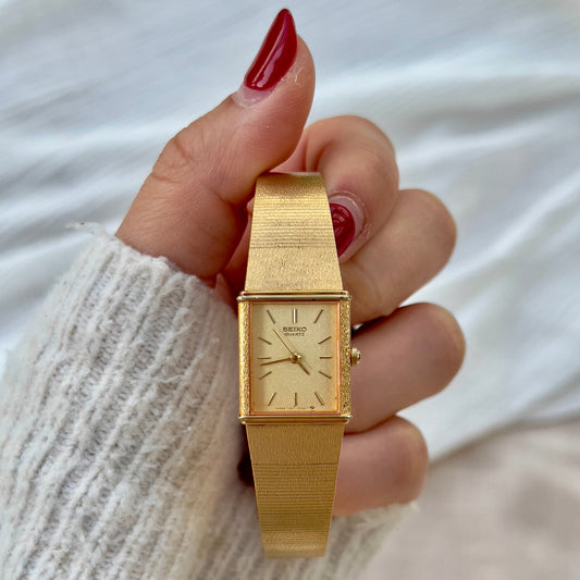 Seiko Gold Tank Watch with Brushed Bracelet — watch face and case shown from the front.